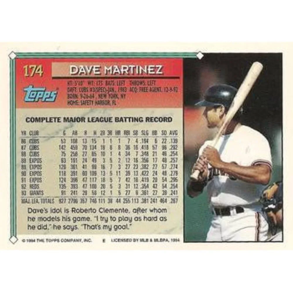 1994 Topps Dave Martinez # 174 San Francisco Giants
